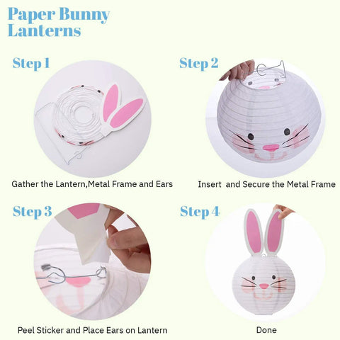 Step-by-step assembly of 9 Piece Easter Paper Lantern Set With Bunny And Egg Designs, Reusable 10 Inch Pastel Hanging Lanterns