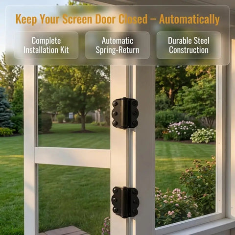 Tough As Nails Black Self Closing Screen Door Hinge Set 2-3/4 Spring Steel Hinges With Auto Close Action Includes Adjustment Tool Screws And No Sweat Setup on porch door.