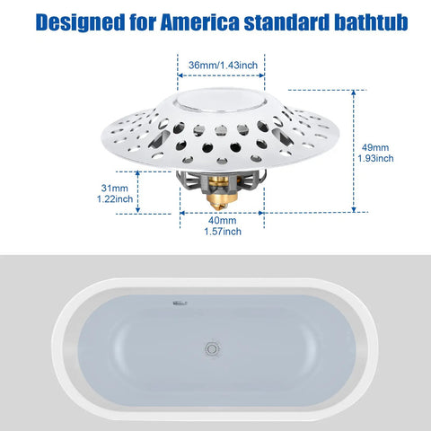 Universal Bathtub Stopper and Hair Catcher Kit for USA Standard Drains shown with dimensions and bathtub
