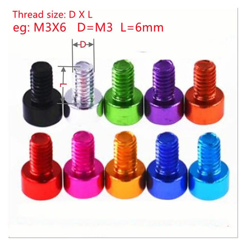10 Pieces Aluminum DIN912 Cap Head Machine Screws Set In Orange With Hex Socket Drive M2 M2.5 M3 M4 M5 M6 Lightweight 6063 Alloy For Electronics RC And Small Machinery, displayed in various colors from side view.