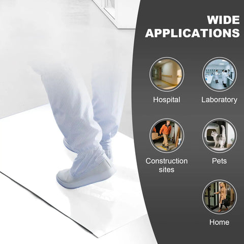 Person stepping on Heavy Duty Sticky Entrance Mats 17 X 13 Inches 5 Pack 150 Sheets Adhesive Floor Pads.