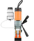 Heavy Duty Magnetic Drill Press Featuring Killer 1450W Copper Motor And Rock Solid 2810 LB Anchor On Steel Plates With 11 Pro Gear Core Bits For Zero Sweat Metal Drilling side view with coolant container.