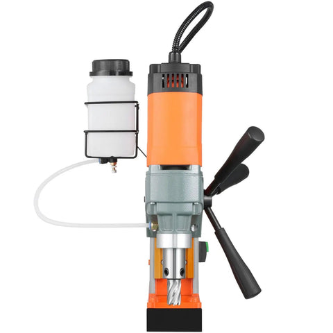Heavy Duty Magnetic Drill Press Featuring Killer 1450W Copper Motor And Rock Solid 2810 LB Anchor On Steel Plates With 11 Pro Gear Core Bits For Zero Sweat Metal Drilling side view with coolant container.