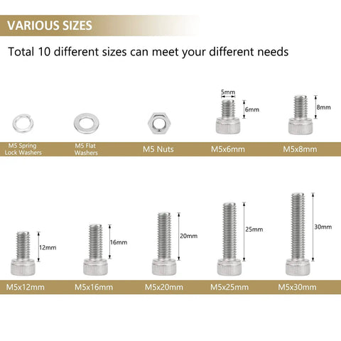 304 Stainless Steel Hex Socket Head Cap Screw Set 212 Pieces M5 Lengths 6 8 12 16 20 25 30mm Includes Nuts Lock Washers Flat Washers Fully Threaded All Purpose Kit