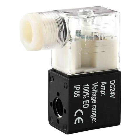 24V DC Coil Kit For Pneumatic Solenoid Valves 4V210-08 And 4V230C-08 Pack Of 2 With Pure Copper Windings For Reliable Valve Operation And Fast Responsive Control. Clear 24V DC solenoid valve coil, black base, IP65 enclosure