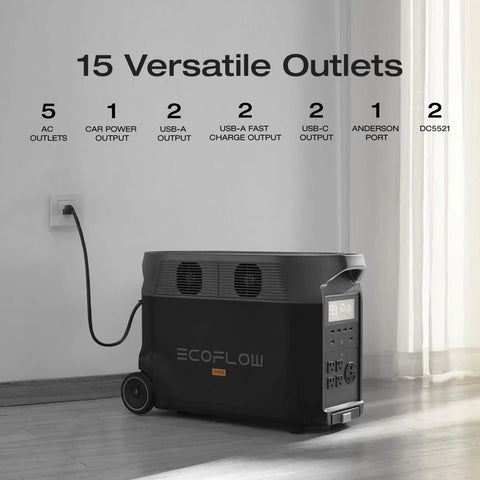 Beastly 3600Wh LiFePO4 Delta Pro Portable Power Station With Five 120V AC Outlets, 3600W Peak solar generator showing versatile outlets.