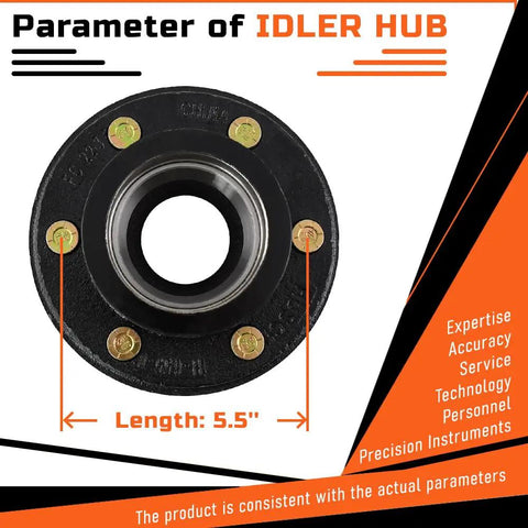 Six Lug On Five Point Five Inch Trailer Idler Hub Kit For Five Thousand Two Hundred To Six Thousand Pound Axles With 15123 Bearing Kit And Cone Wheel Nuts Half Inch Thread Heavy Duty Easy Install showing hub parameters