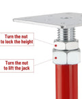 Heavy Duty 5000 Pound Screw Jacks For Floor Leveling Adjustable Foundation Supports showing adjustable red steel jacks with nut and height lock.