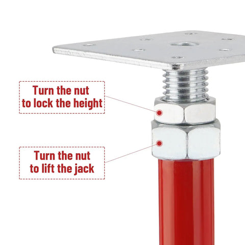 Heavy Duty 5000 Pound Screw Jacks For Floor Leveling Adjustable Foundation Supports showing adjustable red steel jacks with nut and height lock.