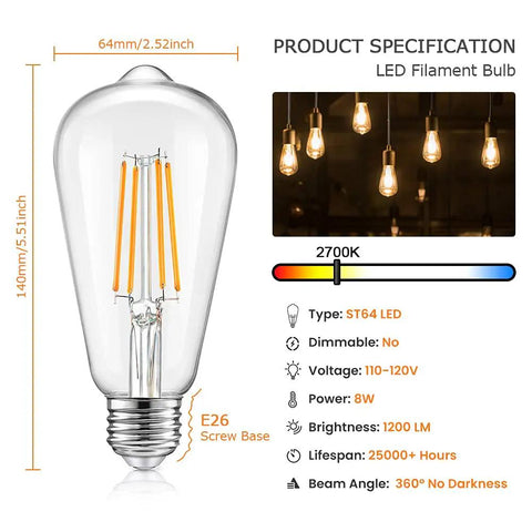 Dimmable LED Edison Style Filament Bulbs 100W Incandescent Equivalent 8W 1200 Lumens E26 Base 2700K Warm White Antique Clear Glass