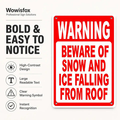 Warning sign with text 'Beware of Snow and Ice Falling From Roof' in bold red and white, featuring predrilled holes for mounting.