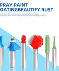 Set of carbide tipped spray-painted router bits for woodworking, showing various sizes and shapes on a white and blue background.