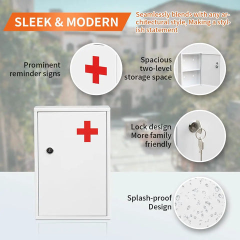 Solid As A Rock Wall Mounted Lockable Medical Cabinet Featuring Dual Tier Keyed Steel Medicine Organizer Secure Large Capacity First Aid Storage For Bathroom And School with prominent red cross symbols and key lock design.