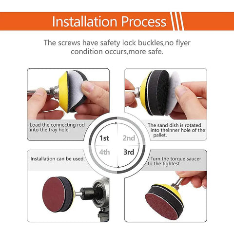 Installation steps for 2 Inch Hook And Loop Sanding Pad Kit With One Quarter Inch Shank Drill Attachment And Soft Foam Buffering Layer