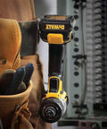 12V Max Cordless Screwdriver Kit for Home DIY Projects clipped to a tool belt, featuring quick bit change and lightweight grip.