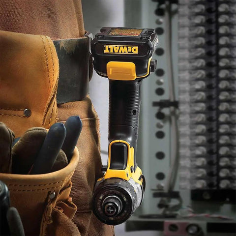 12V Max Cordless Screwdriver Kit for Home DIY Projects clipped to a tool belt, featuring quick bit change and lightweight grip.