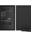 Back view of Dual Mode Two Point Zero Studio Monitors showing inputs for RCA AUX TRS and power switches, pair black.