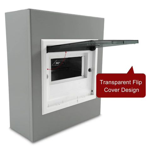 Durable 6 Way Indoor Outdoor Circuit Breaker Box Enclosure with Dustproof Cover, flip lid open, wall mount design, transparent cover