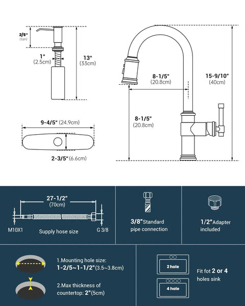 Detailed diagram of Vintage Style Kitchen Faucet With Built In Soap Dispenser No Fuss Single Handle High Arc Pull Down Sprayer Antique Look Three Modes Brushed Nickel Finish APS136 Standard Upgrade Your Sink Setup with measurements and installation guide.