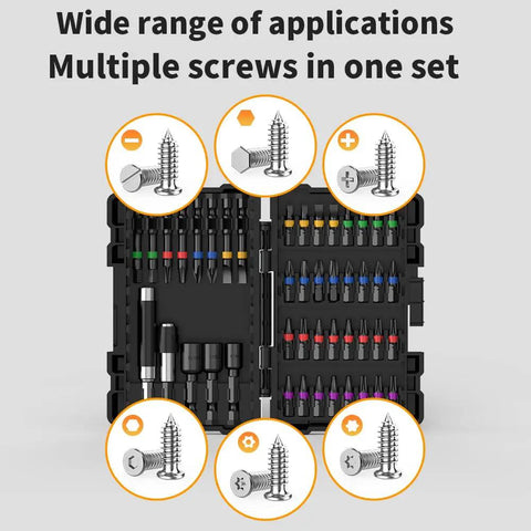 Impact Driver Bit Set 45 Piece Screwdriver Bit Set With Phillips Slotted Hex And Torx Heads in open case displaying bits