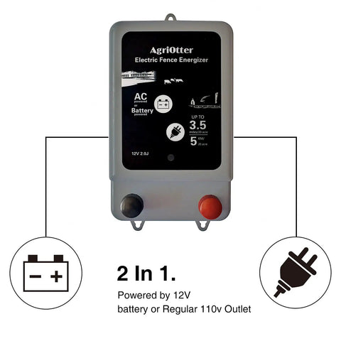 Dual Power Electric Fence Energizer For 20 Acre Pastures 2 In 1 Design Runs On Battery Or AC Power 10000 Volt Pulse display