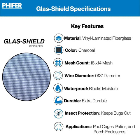 Glas-Shield specifications chart for Super Tough Vinyl Mesh Roll Delivers Hella Private Screens For Pool Enclosures And Lanais.