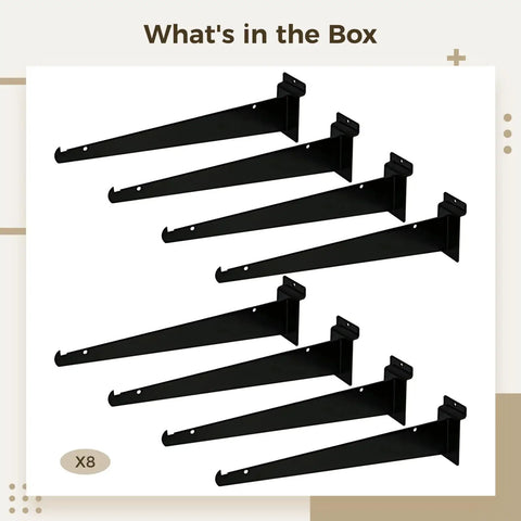 Set of 8 Heavy Duty 12 Inch Wall Shelf Brackets Black Steel Holders for Slat Wall Storage and Display