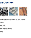 Image showing application materials for Pack of 6 1/8-Inch Titanium Nitride Coated Drill Bits With 1/4 Inch Hex Shank, including metal, PVC, and wood.
