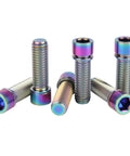 Bicycle stem bolts, six rainbow titanium M8x25mm with washers