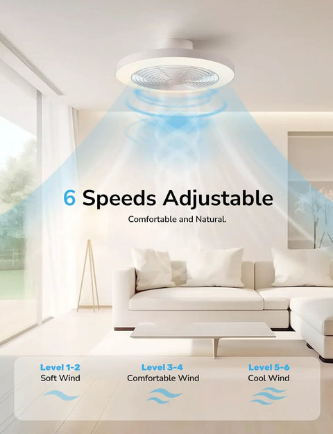 Super Quiet Low Profile Ceiling Fan With Lights And Hassle Free Smart Remote Space Saving Flush Mount Fixtures For Bedroom Living Room showing 6 adjustable fan speeds.