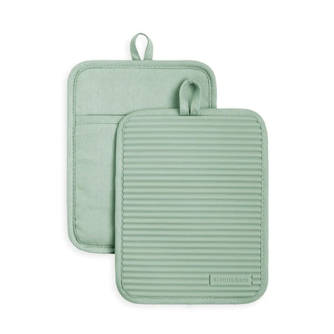 Ribbed Soft Silicone Pot Holders 2 Pack Set In Pistachio Green 7x9 Inches Heat Resistant Up To 500F Waterproof Slip Resistant Non Slip Grip