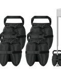 Set of Four Canopy Weights Sand Bags, Heavy Duty 420D Oxford Tent Weights shown attached to a canopy leg, black color.