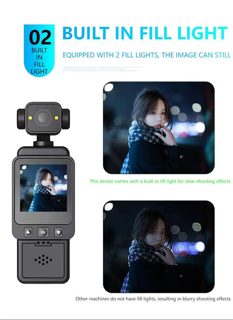 2.5K Dope Portable Vlogging Camera With WiFi Night Vision And Stabilization displays built-in fill light feature for clarity.