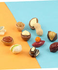 Miniature Resin Nut Ornaments Set For Dollhouse Food Decor, assorted realistic tiny nut models for crafts on colored background