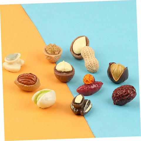 Miniature Resin Nut Ornaments Set For Dollhouse Food Decor, assorted realistic tiny nut models for crafts on colored background
