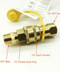 Solid Brass Half Inch Gas Quick Connect Kit With Female Insert Plug And Half Inch Male NPT Fittings For Natural Gas Or Propane Hookups On Grills And Outdoor Appliances Easy Quick Disconnect Adapter showing connection components labeled