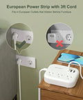 US To Europe Travel Plug Adapter With USB C And Three USB Ports Three Outlets Three Foot Cord White on bedside table