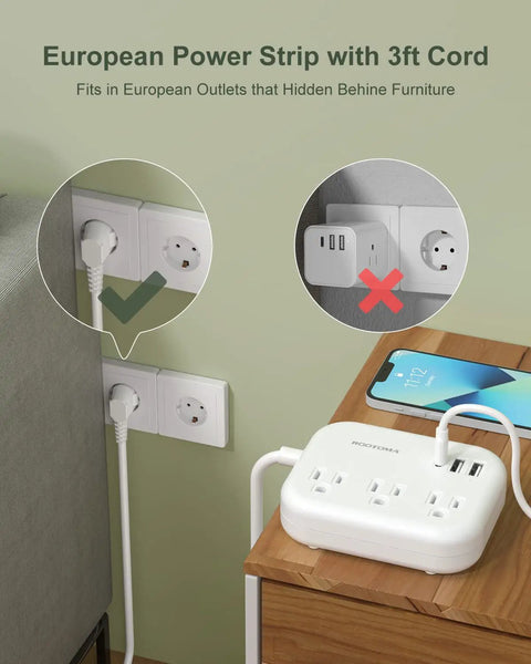 US To Europe Travel Plug Adapter With USB C And Three USB Ports Three Outlets Three Foot Cord White on bedside table