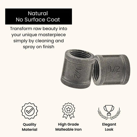 Half Inch Coupling Set For Black Iron Pipe Fittings, Industrial Threaded, Raw Unfinished Metal For DIY Shelving, Rustic Modern Farmhouse Decor, Built To Last, Grab And Go Install, 6 Pack displaying natural finish.