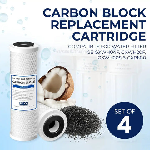 4 Pack Replacement Carbon Block Water Filter Cartridges For GE GXWH04F GXWH20F GXWH20S GXRM10 Coconut Shell Activated Carbon