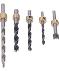 Top Notch 5 Piece Pocket Hole Drill Bit Set Made From High Speed Steel With Adjustable Depth And Three Knife Points For Super Clean Woodworking Holes In Just About Any Project You Got Going On., five HSS pocket hole drill bits with adjustable depth collars