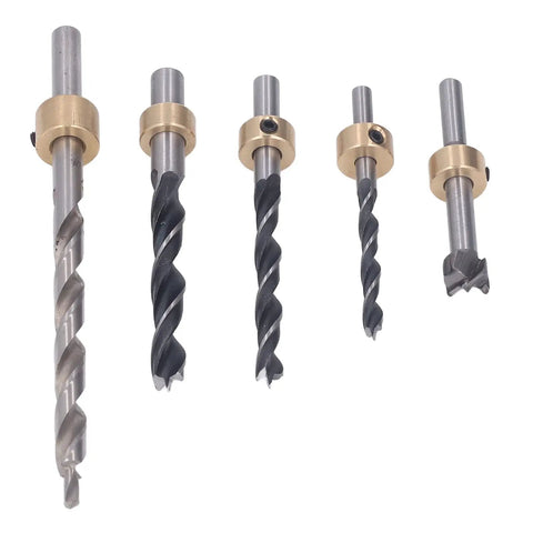 Top Notch 5 Piece Pocket Hole Drill Bit Set Made From High Speed Steel With Adjustable Depth And Three Knife Points For Super Clean Woodworking Holes In Just About Any Project You Got Going On., five HSS pocket hole drill bits with adjustable depth collars