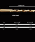 Ten Piece Quarter Inch Cobalt Drill Bit Set M35 HSS With 135 Degree Tip Jobber Length For Hardened Metal Stainless Steel Cast Iron Wood And Plastics In Index Storage Case, showing size and lengths chart.