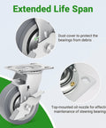 Nefish 5-inch heavy-duty caster wheels set of 4 with brakes; thermoplastic rubber, swivel ball-bearing plates for equipment.