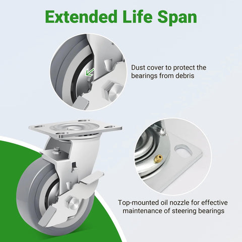 Nefish 5-inch heavy-duty caster wheels set of 4 with brakes; thermoplastic rubber, swivel ball-bearing plates for equipment.