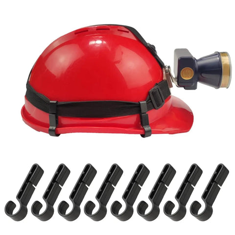 52 Pcs Hard Hat Clips For Headlamp LED Light Helmet attached to red helmet, shows anti slip stability for construction use
