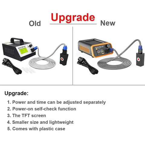 Comparison of old and new Powerful 1500W Paintless Dent Repair Machine with Magnetic Induction Hot Box, featuring upgrades and digital screen.