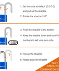 6-step guide to set combination on Built Tough 4 Digit Combination Padlock With 2.5 Inch Shackle, Outdoor Waterproof Lock, image showing blue lock.