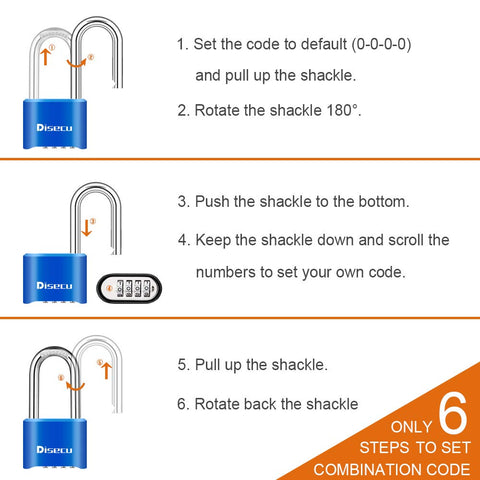 6-step guide to set combination on Built Tough 4 Digit Combination Padlock With 2.5 Inch Shackle, Outdoor Waterproof Lock, image showing blue lock.