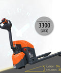 Heavy Duty Tory 3300 Lb Full Electric Pallet Jack with textured handle and 3300 lb load capacity for warehouse use.